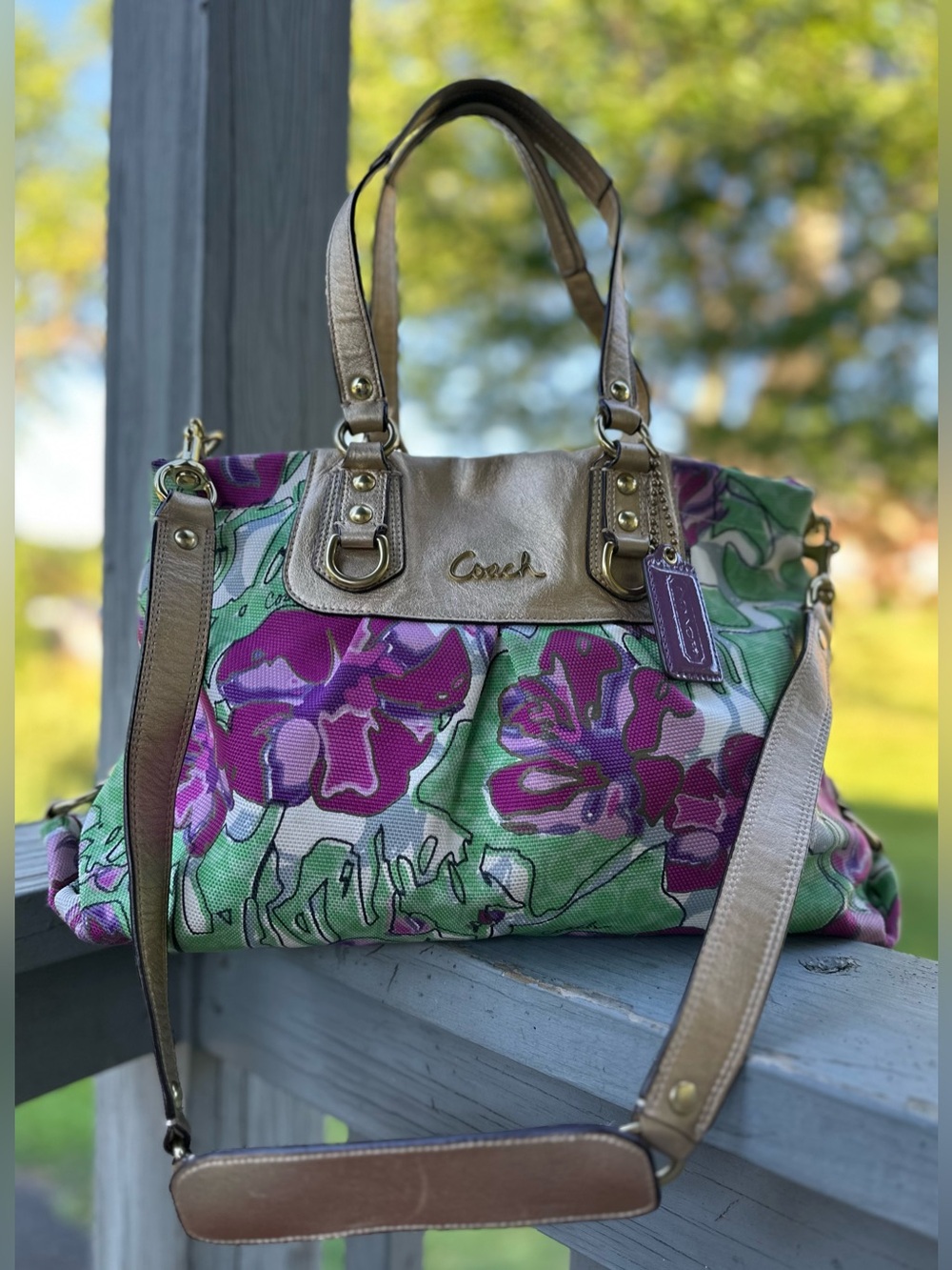 COACH Y2K Poppy Floral Canvas Metallic Leather Satchel Crossbody Bag Style 16259